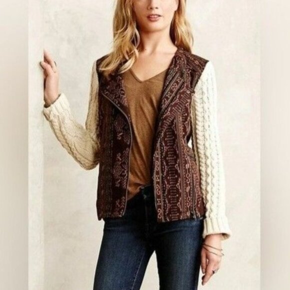 Lilka Hazan Anthropologie Moto Jacket Knit Sleeves Sweater Brown Cream Size M - Picture 6 of 10